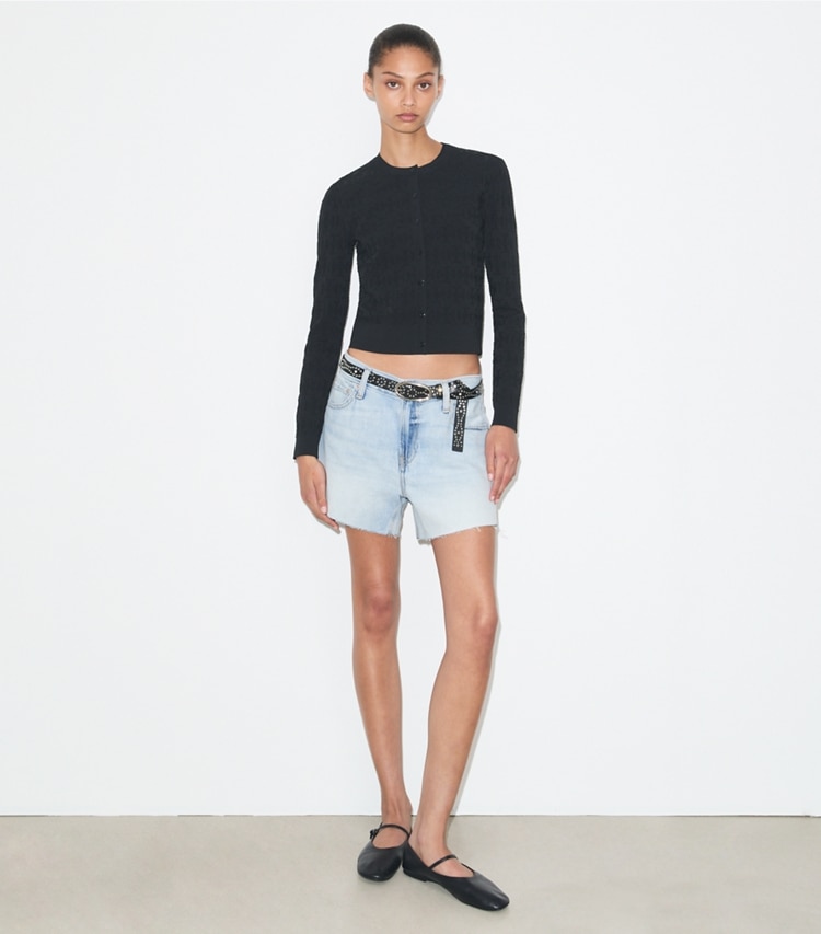 Tory Burch designer セーター Tモノグラム ジャガード カーディガン in BLACK モデル前面