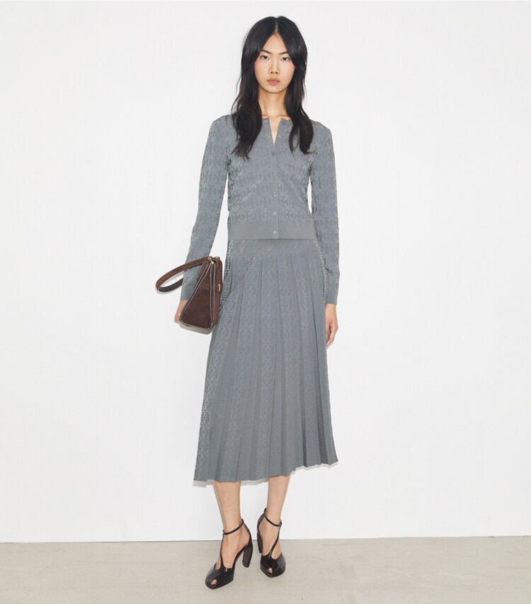 Tory Burch designer sweaters T Monogram Jacquard Cardigan in Icicle Gray on model front