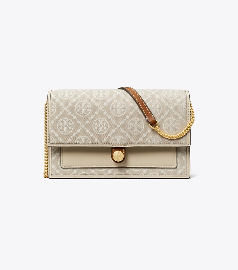 Tory Burch designer ミニバッグ Tモノグラム ジャカード チェーン ウォレット in Ivory angle