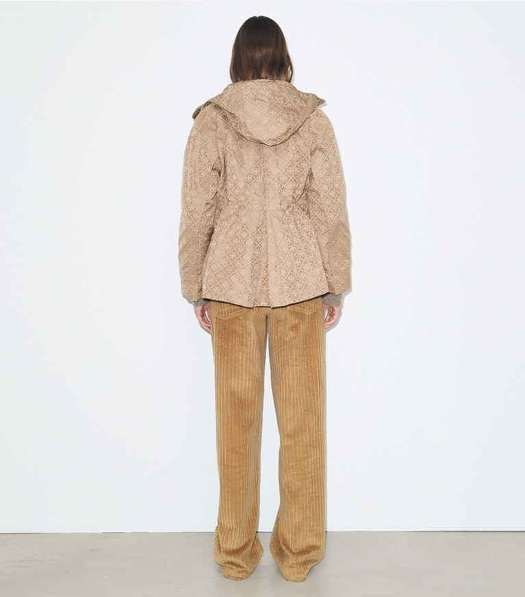 Tory Burch designer jackets T Monogram Jacquard Cinched Jacket in Beige T Monogram on model back