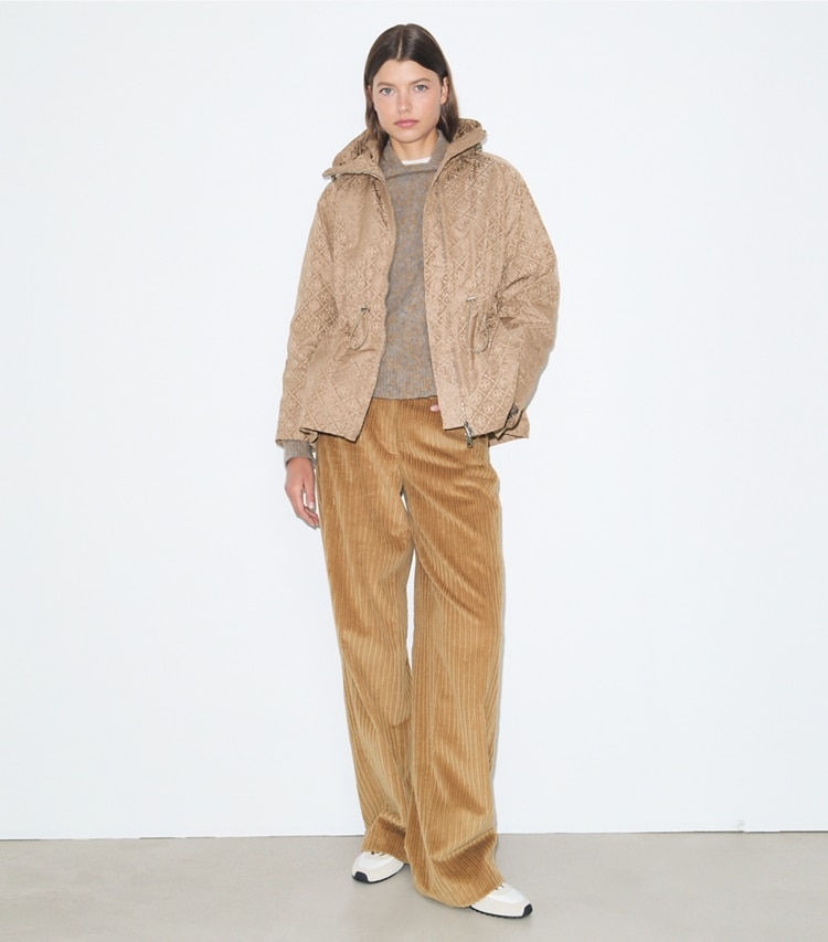 Tory Burch designer jackets T Monogram Jacquard Cinched Jacket in Beige T Monogram on model front