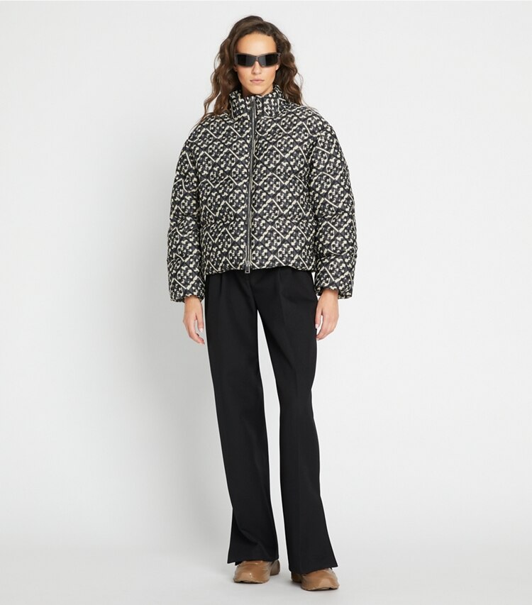 Tory Sport designer coats T Monogram Jacquard Down Jacket in Prismatic T Monogram Small on model front