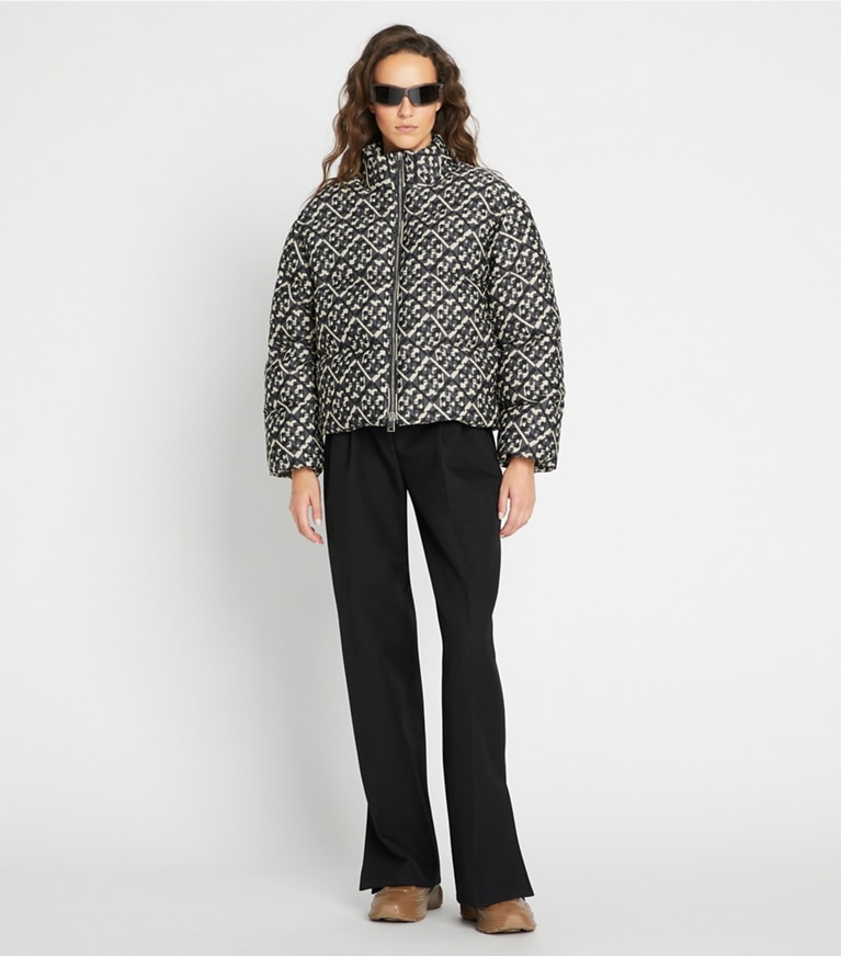 Tory Sport designer coats T Monogram Jacquard Down Jacket in Prismatic T Monogram Small front