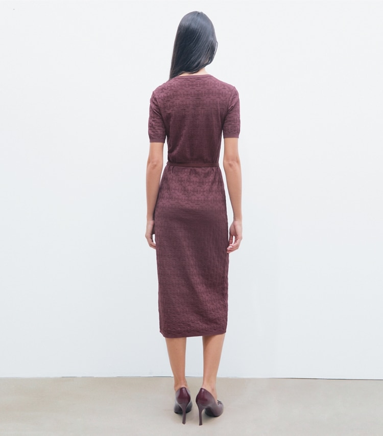 Tory Burch designer dresses T Monogram Jacquard Dress in Mahogany on model back