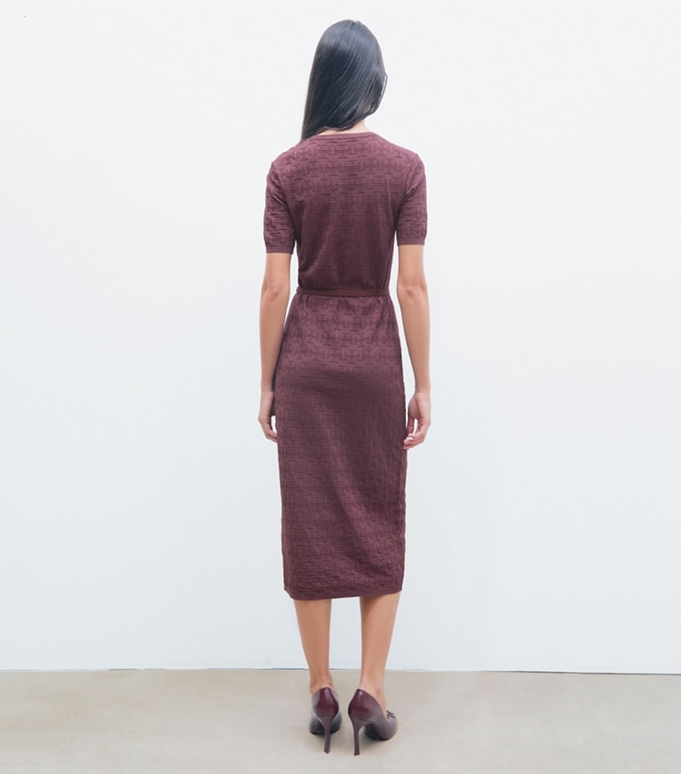 Tory Burch designer dresses T Monogram Jacquard Dress in Mahogany on model back