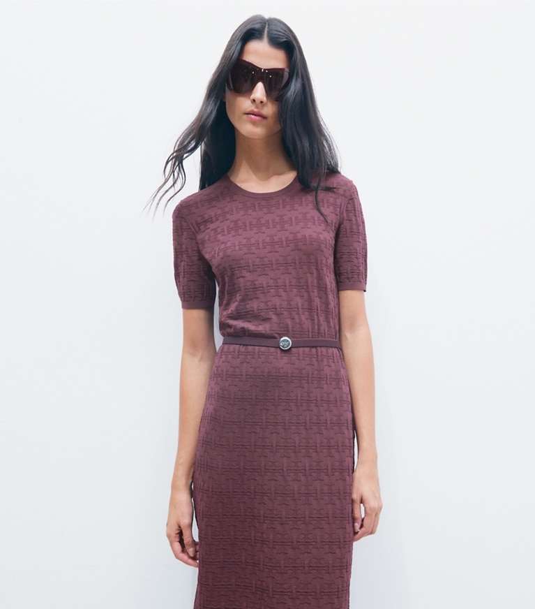 Tory Burch designer dresses T Monogram Jacquard Dress in Mahogany on model detail