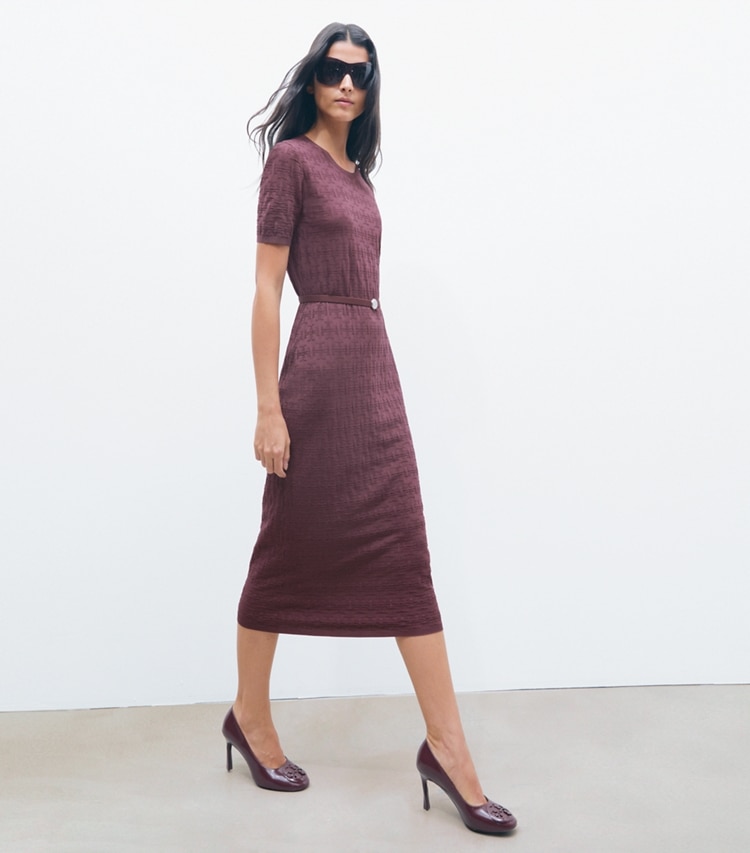 Tory Burch designer dresses T Monogram Jacquard Dress in Mahogany on model front