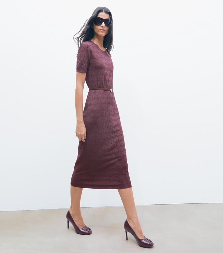 Tory Burch designer dresses T Monogram Jacquard Dress in Mahogany on model front