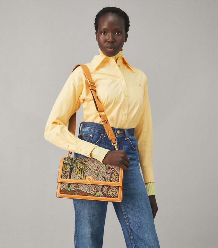 Tory Burch designer shoulder bags T Monogram Jacquard Embroidered Shoulder Bag in Hazel accessory on model