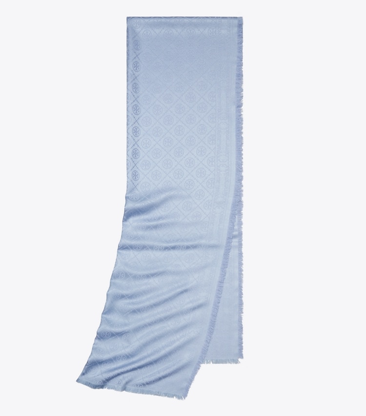 Tory Burch designer scarves T Monogram Jacquard Oblong Scarf in Blue Dawn folded