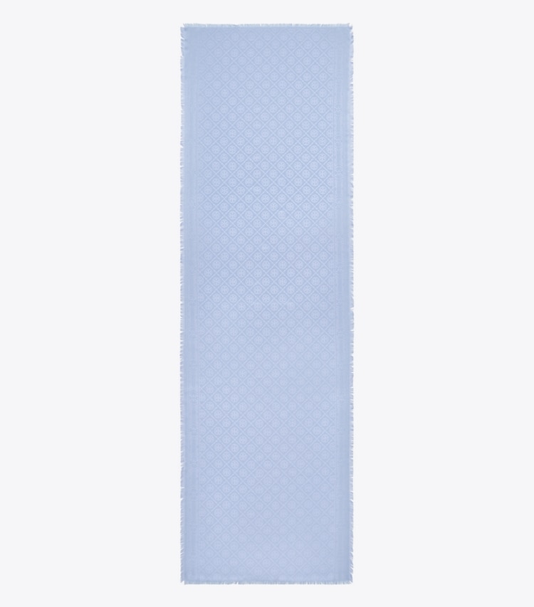 Tory Burch designer scarves T Monogram Jacquard Oblong Scarf in Blue Dawn overhead
