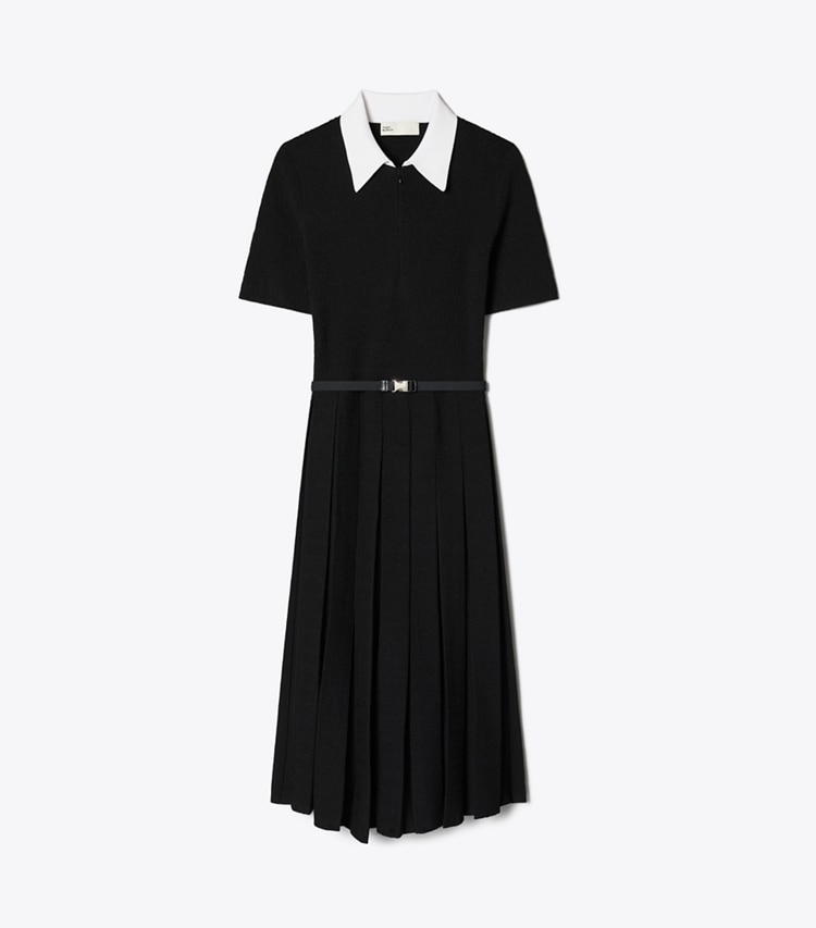 Tory Burch designer dresses T Monogram Jacquard Pleated Dress in BLACK / WHITE / BLACK front