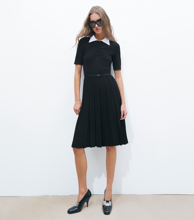 Tory Burch designer dresses T Monogram Jacquard Pleated Dress in BLACK / WHITE / BLACK on model front