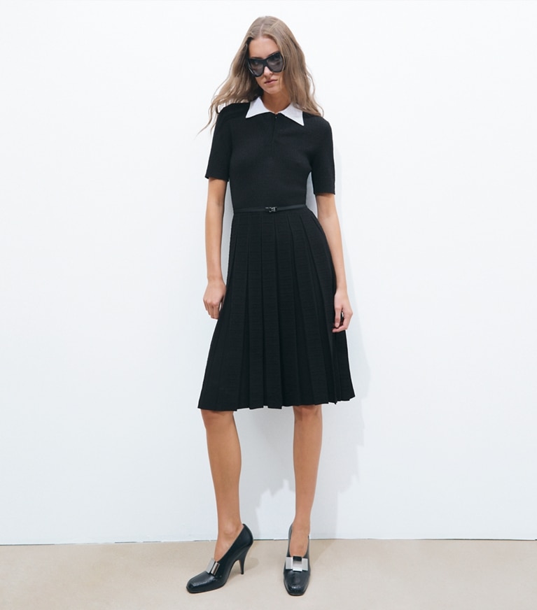 Tory Burch designer dresses T Monogram Jacquard Pleated Dress in BLACK / WHITE / BLACK on model front