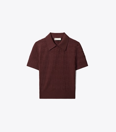 Tory Burch designer セーター Tモノグラム ジャガード ポロシャツ in Mahogany front