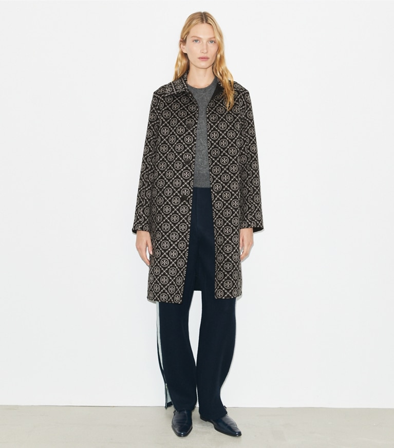 Tory Burch designer coats T Monogram Jacquard Reversible Wool Coat in Black/T Monogram Jacquard Combo D front