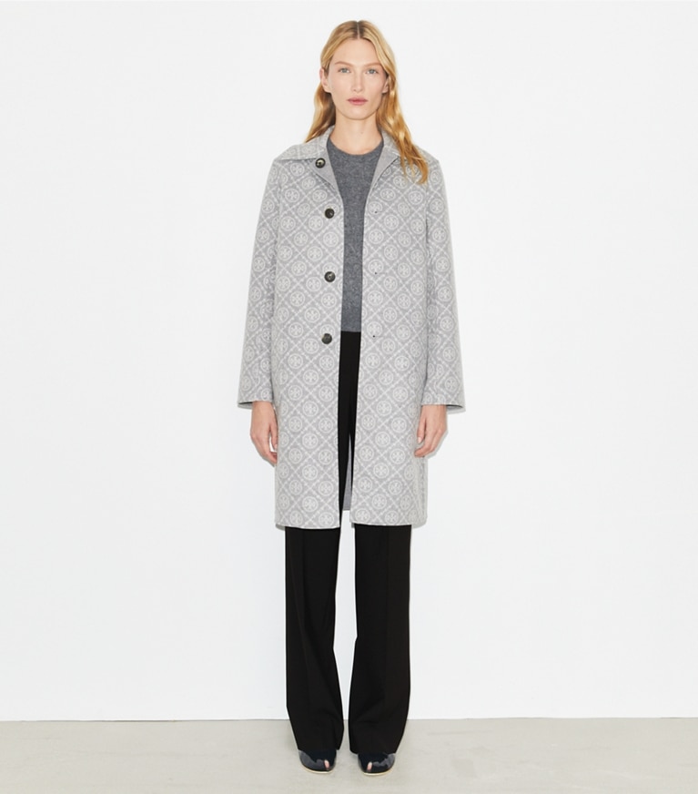 Tory Burch designer coats T Monogram Jacquard Reversible Wool Coat in Gray Melange/T Monogram front