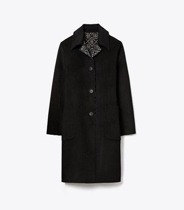 Tory Burch designer coats T Monogram Jacquard Reversible Wool Coat in Black/T Monogram Jacquard Combo D front