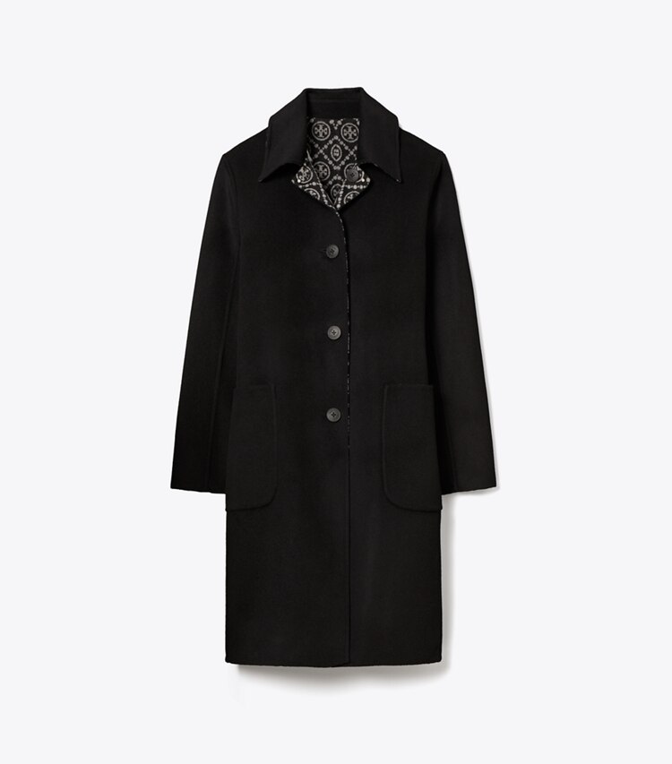 Tory Burch designer coats T Monogram Jacquard Reversible Wool Coat in Black/T Monogram Jacquard Combo D front