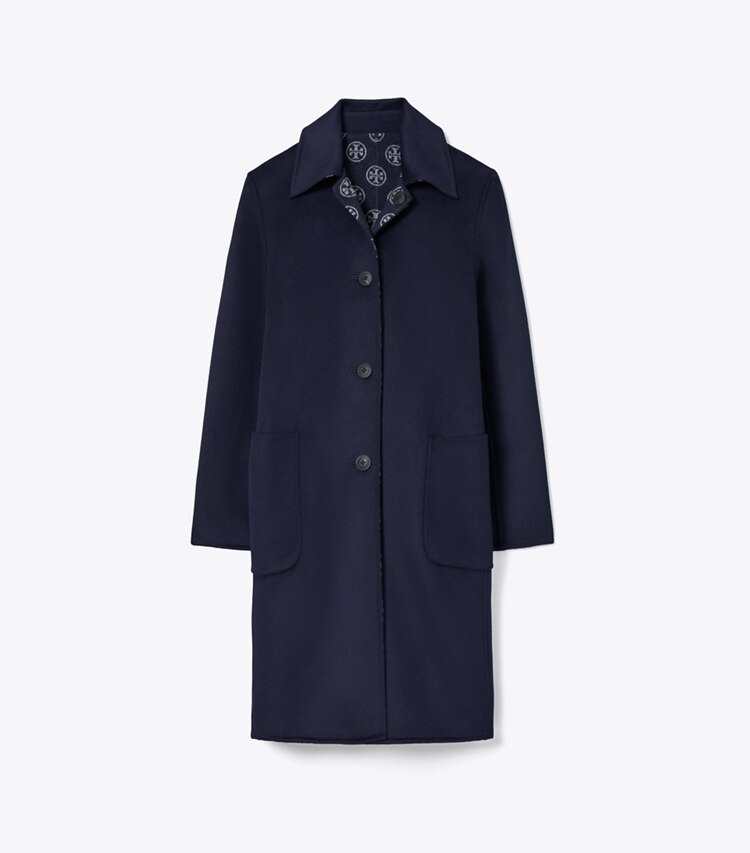 Tory Burch designer コート Tモノグラム ジャガード ウール コート in Medium Navy/T Logo front