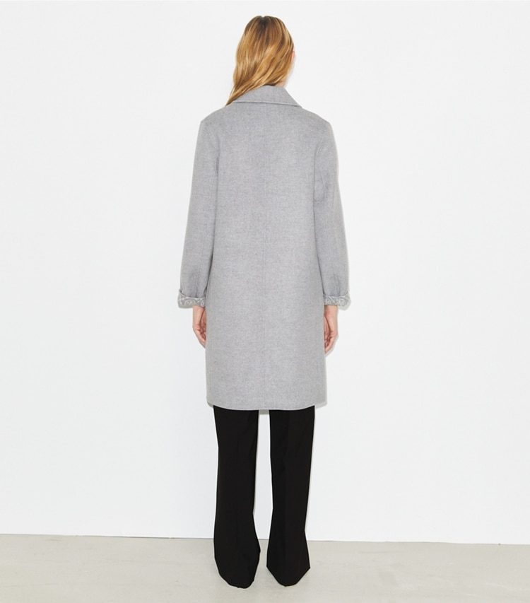 Tory Burch designer coats T Monogram Jacquard Reversible Wool Coat in Gray Melange/T Monogram on model back
