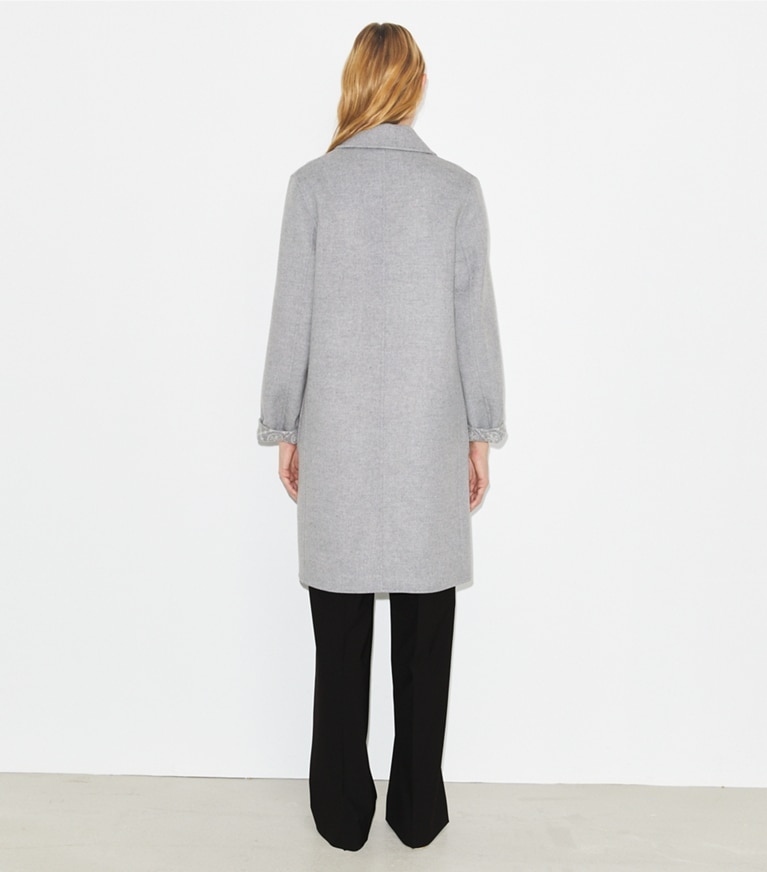 Tory Burch designer coats T Monogram Jacquard Reversible Wool Coat in Gray Melange/T Monogram front