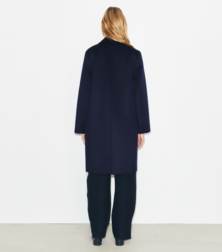 Tory Burch designer コート Tモノグラム ジャガード ウール コート in Medium Navy/T Logo front