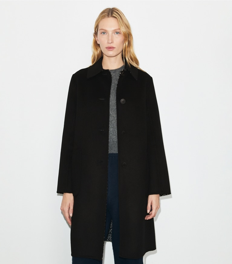 Tory Burch designer coats T Monogram Jacquard Reversible Wool Coat in Black/T Monogram Jacquard Combo D front