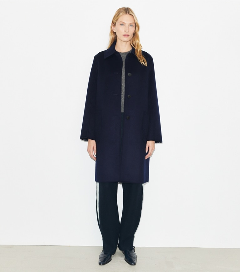 Tory Burch designer コート Tモノグラム ジャガード ウール コート in Medium Navy/T Logo front