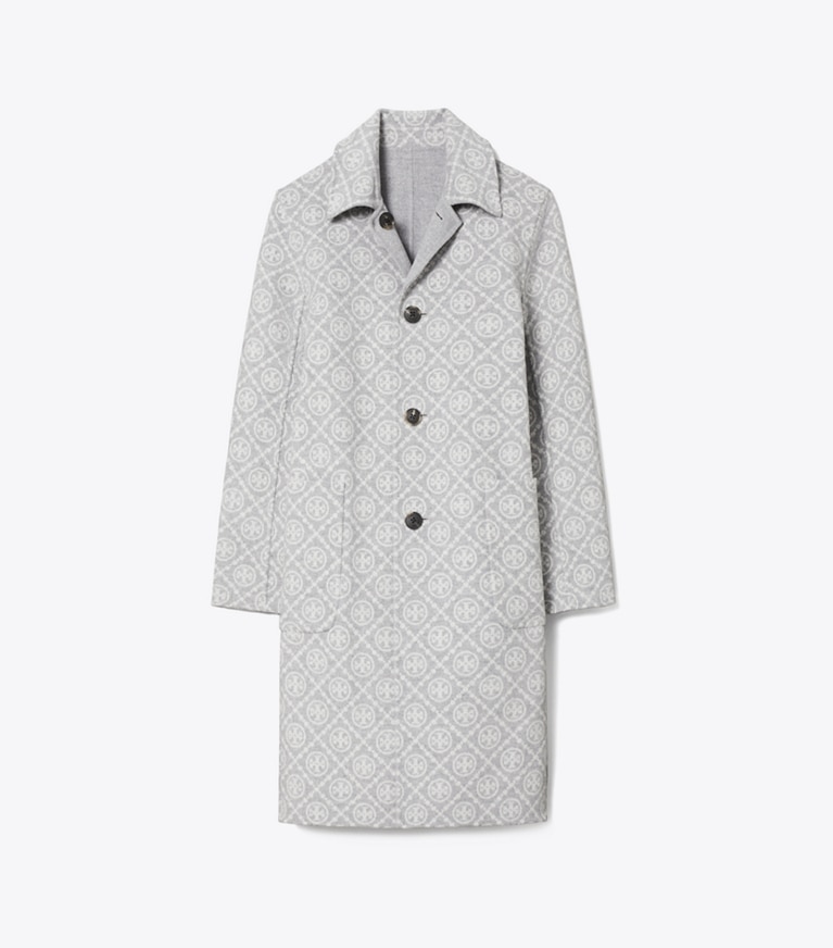 Tory Burch designer coats T Monogram Jacquard Reversible Wool Coat in Gray Melange/T Monogram front