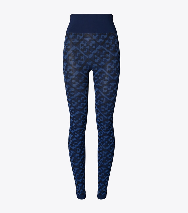 Tory Sport designer bottoms T Monogram Jacquard Seamless Legging in Dark Blue Prismatic T Monogram front