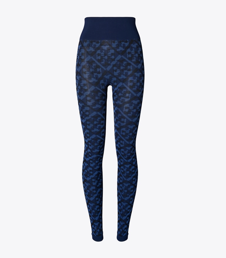 Tory Sport designer bottoms T Monogram Jacquard Seamless Legging in Dark Blue Prismatic T Monogram front