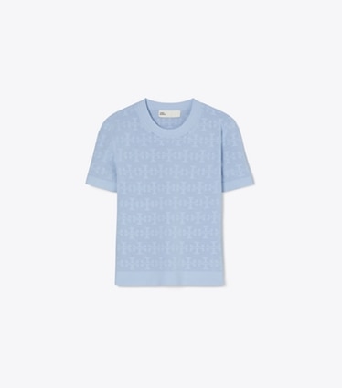 Tory Burch designer jackets T Monogram Jacquard Sweater in Crisp Blue front
