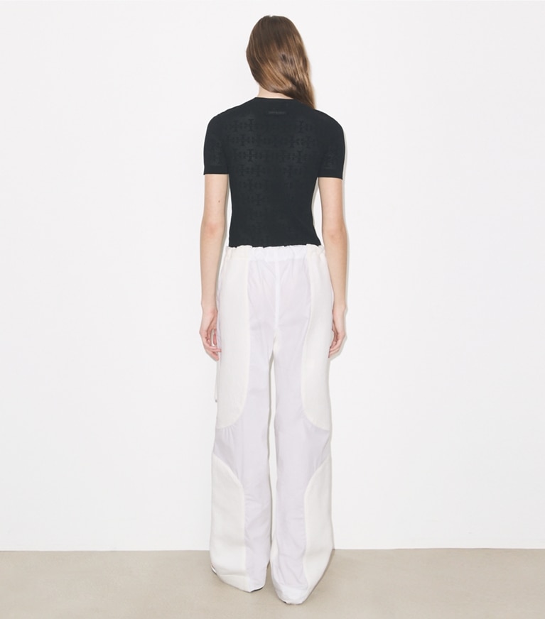 Tory Burch designer sweaters T Monogram Jacquard Sweater in Black on model back