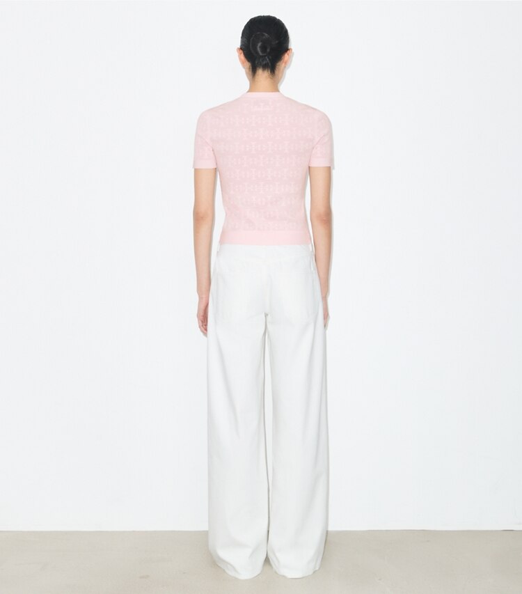Tory Burch designer セーター Tモノグラム ジャガード セーター in Light Pink on model back