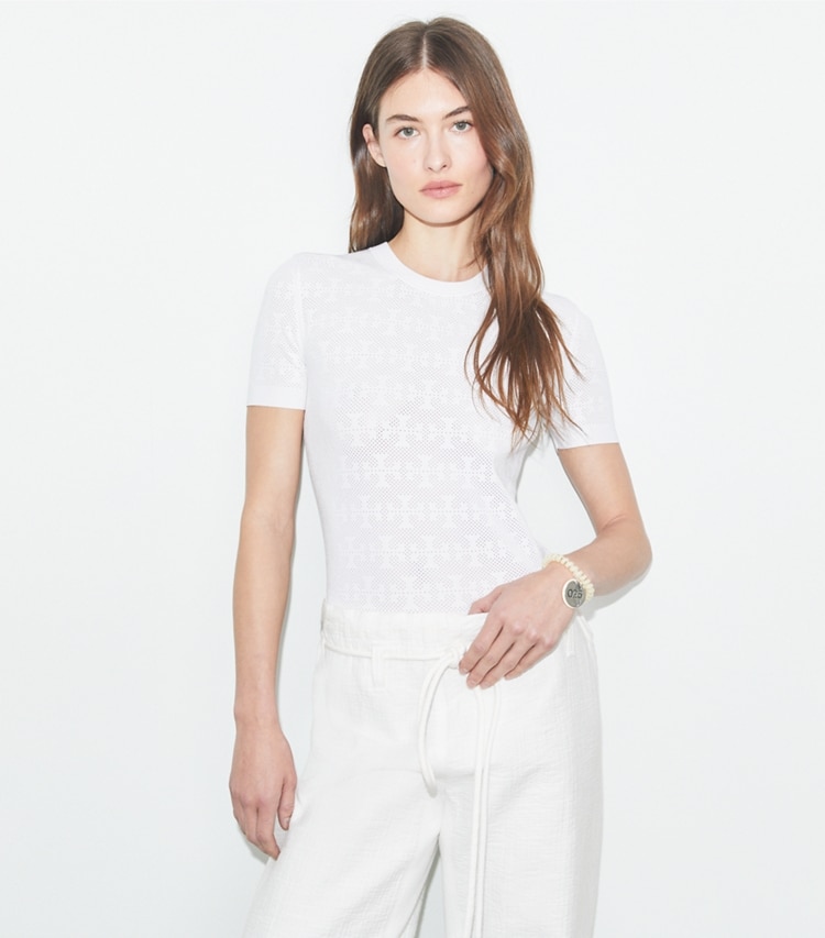 Tory Burch designer jackets T Monogram Jacquard Sweater in White on model detail