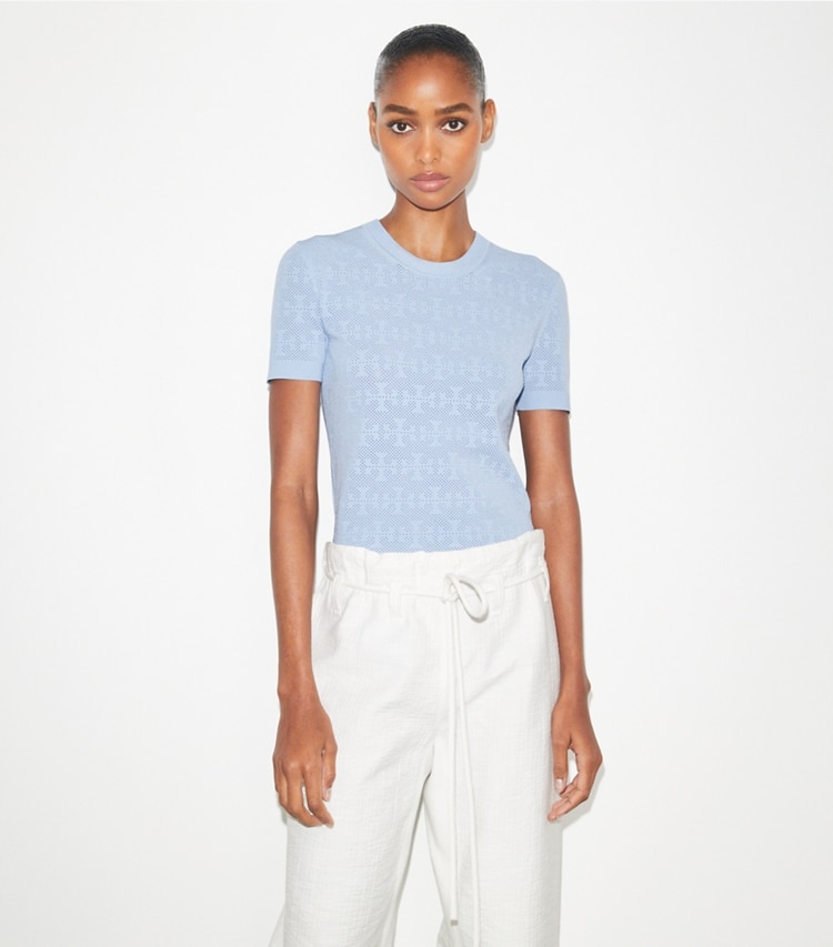 Tory Burch designer jackets T Monogram Jacquard Sweater in Crisp Blue on model detail