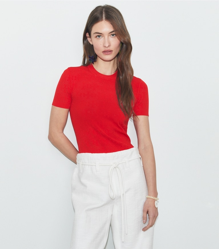 Tory Burch designer ジャケット Tモノグラム ジャガード セーター in Blazing Red front