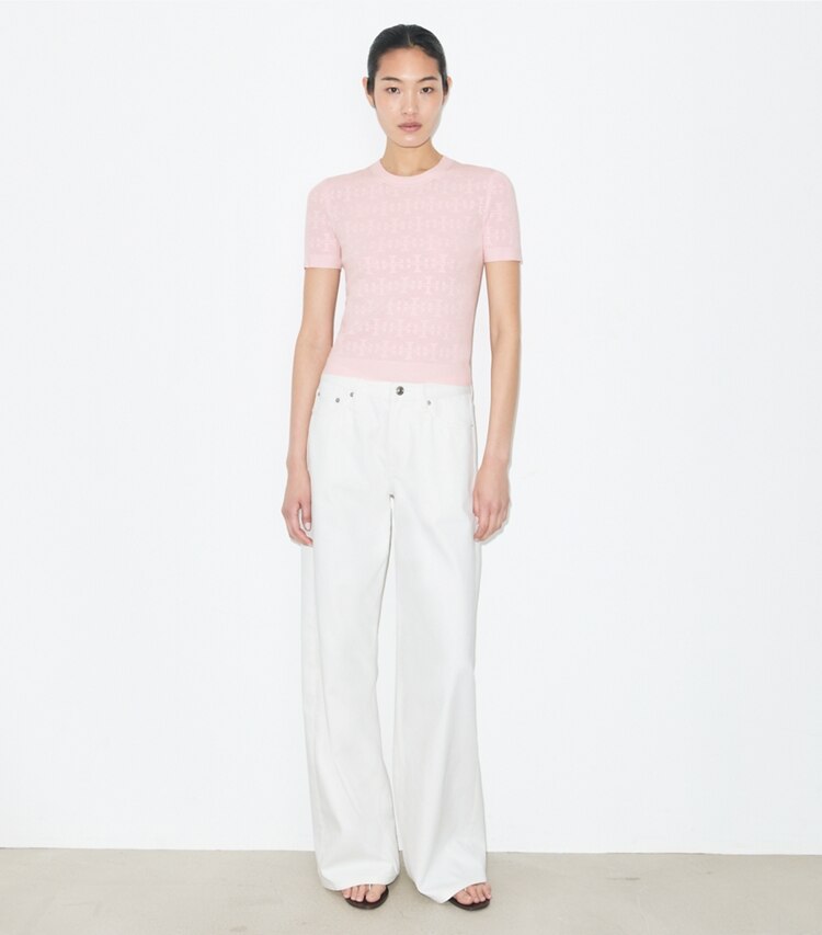 Tory Burch designer セーター Tモノグラム ジャガード セーター in Light Pink モデル前面