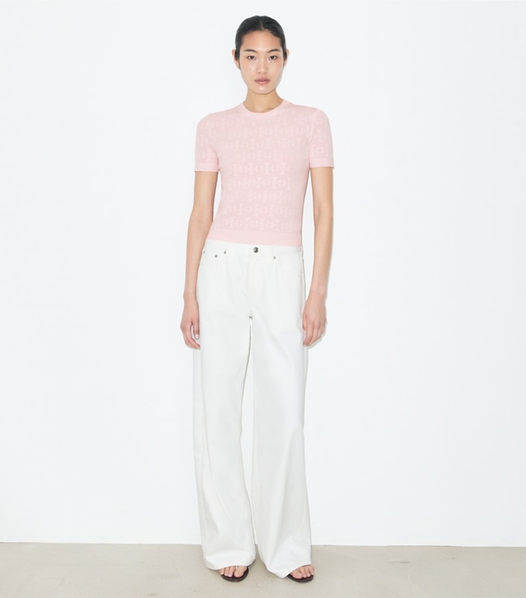 Tory Burch designer セーター Tモノグラム ジャガード セーター in Light Pink モデル前面