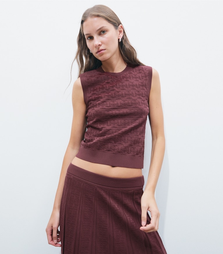 Tory Burch designer sweaters T Monogram Jacquard Tank in Mahogany on model detail