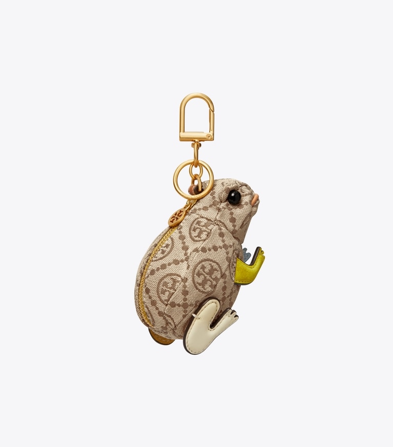 Tory Burch designer bag charms & key rings T Monogram Jacquard Toad Key Ring in Hazelnut front