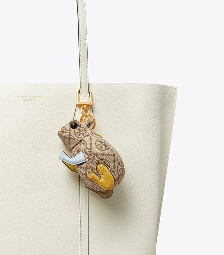 Tory Burch designer bag charms & key rings T Monogram Jacquard Toad Key Ring in Hazelnut front
