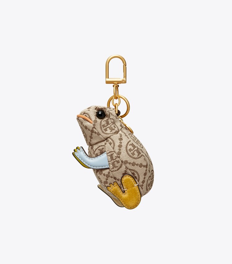 Tory Burch designer bag charms & key rings T Monogram Jacquard Toad Key Ring in Hazelnut front