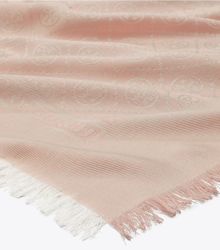 Tory Burch designer scarves T Monogram Jacquard Traveler in Pink Frost detail