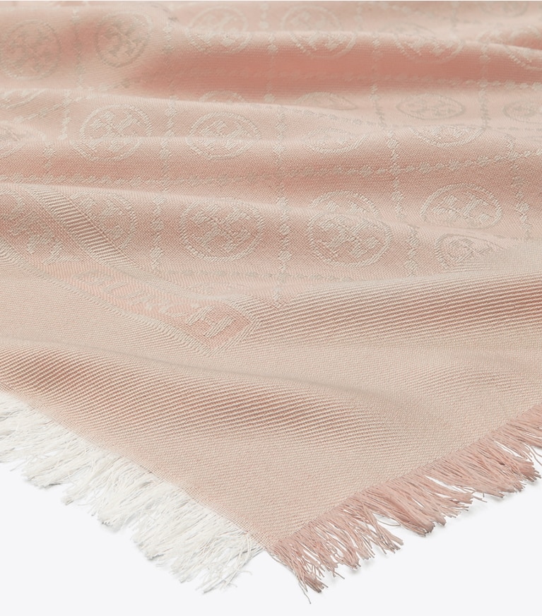 Tory Burch designer scarves T Monogram Jacquard Traveler in Pink Frost overhead