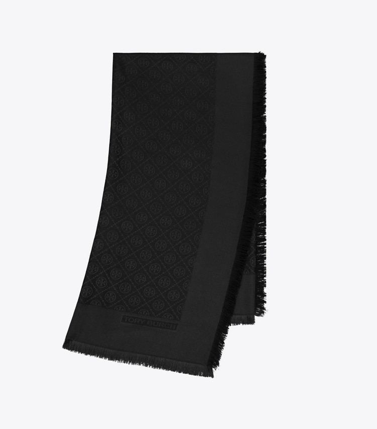 Tory Burch designer scarves T Monogram Jacquard Traveler in Black folded