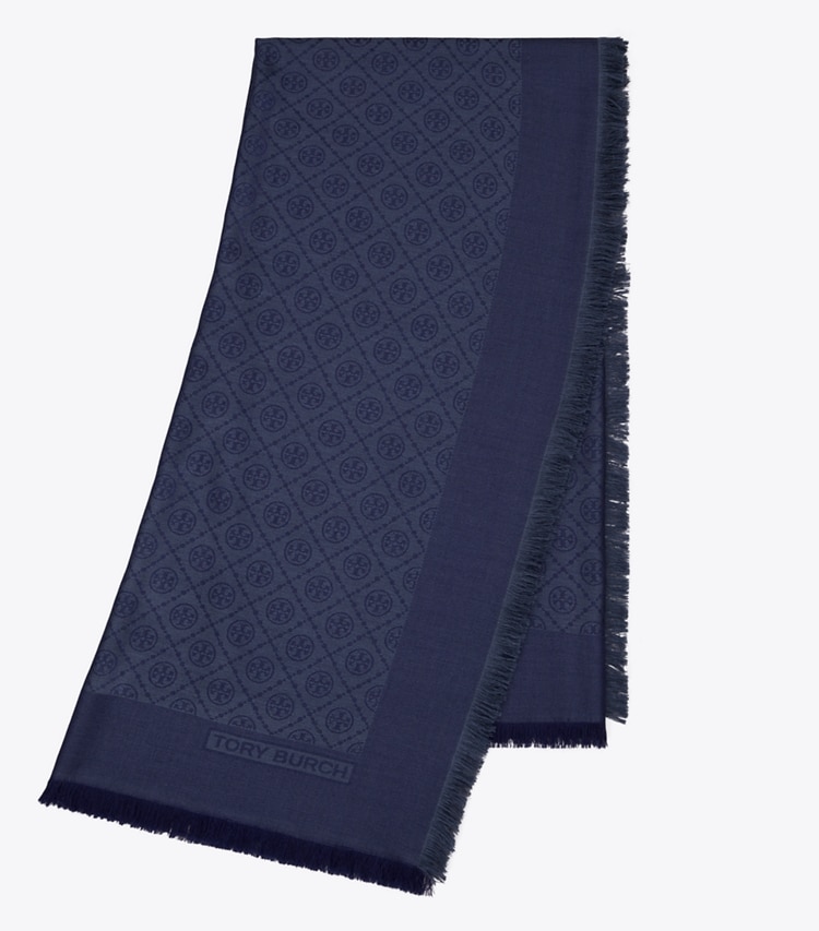 Tory Burch designer scarves T Monogram Jacquard Traveler in Tory Navy folded