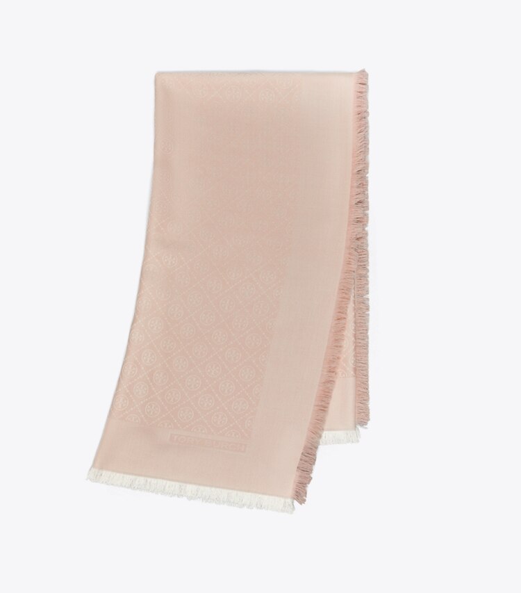 Tory Burch designer scarves T Monogram Jacquard Traveler in Pink Frost folded