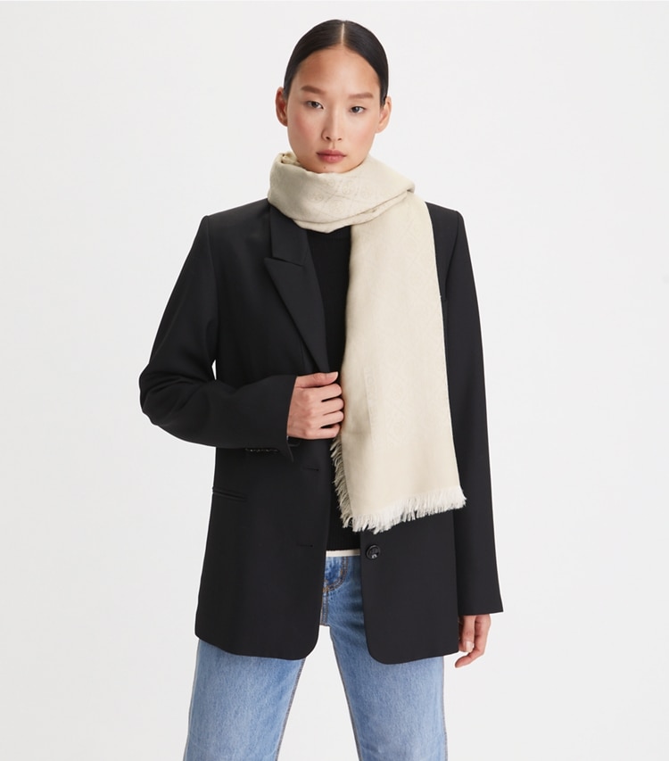 Tory Burch designer scarves T Monogram Jacquard Traveler Scarf in Black accessory on model